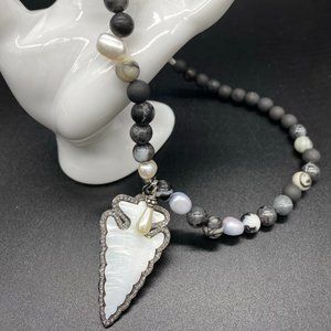 Necklace - Diamond Pearl Arrowhead, Onyx, Druzy Veined Agate,